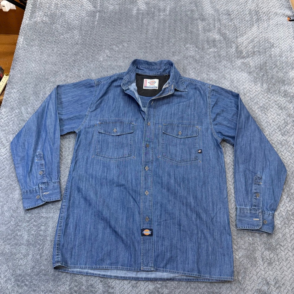 Dickiesโ Denim Shirt Mens Medium Blue Long Sleeve Cotton Workwear Utility Casual
